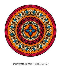 Vector mandala isolated on white background. Ornament card with mandala on blue, red, yellow and black colors. Oriental pattern, vintage decorative element for design