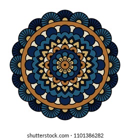 Vector mandala isolated on white background. Ornament card with mandala on blue, golden and black colors. Oriental pattern, vintage decorative element for design