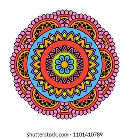 Vector mandala isolated on white background. Ornament card with mandala on blue, red, pink and black colors. Oriental pattern, vintage decorative element for design