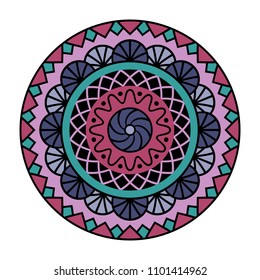 Vector mandala isolated on white background. Ornament card with mandala on blue, red, turquoise and black colors. Oriental pattern, vintage decorative element for design