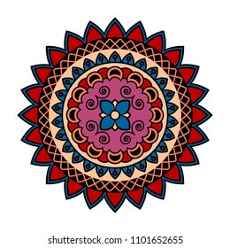 Vector mandala isolated on white background. Ornament card with mandala on blue, red, beige and black colors. Oriental pattern, vintage decorative element for design