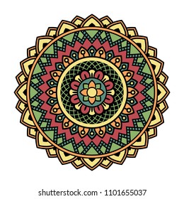 Vector mandala isolated on white background. Ornament card with mandala on green, red, yellow and black colors. Oriental pattern, vintage decorative element for design