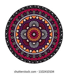 Vector mandala isolated on white background. Card with mandala on orange, red, gray and black colors. Oriental pattern, vintage decorative element for design