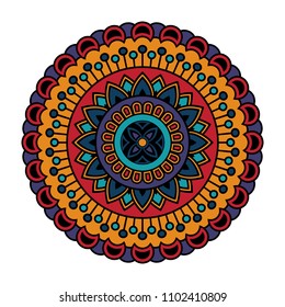 Vector mandala isolated on white background. Card with mandala on blue, red, yellow and black colors. Oriental pattern, vintage decorative element for design