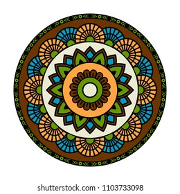 Vector mandala isolated on white background. Card with mandala on blue, yellow, green, brown and black colors. Oriental pattern, vintage decorative element for design