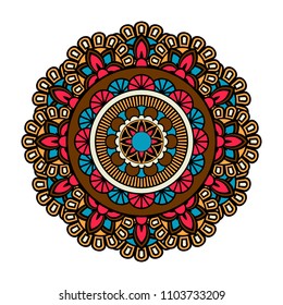 Vector mandala isolated on white background. Card with mandala on blue, red, brown and black colors. Oriental pattern, vintage decorative element for design