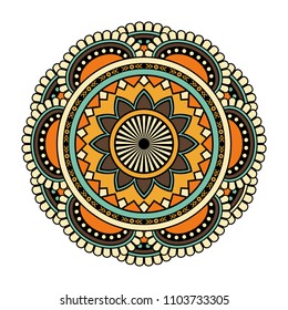 Vector mandala isolated on white background. Card with mandala on blue, yellow, orange and black colors. Oriental pattern, vintage decorative element for design
