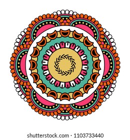 Vector mandala isolated on white background. Card with mandala on blue, pink, yellow and black colors. Oriental pattern, vintage decorative element for design