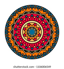 Vector mandala isolated on white background. Card with ornament in blue, orange and black colors. Oriental pattern, vintage decorative element for design