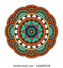 Vector mandala isolated on white background. Card with ornament in orange and turquoise colors. Oriental pattern, vintage decorative element for design