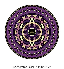 Vector mandala isolated on white background. Card with ornament in violet and beige colors. Oriental pattern, vintage decorative element for design