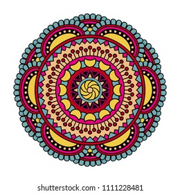 Vector mandala isolated on white background. Card with ornament in blue, red and yellow colors. Oriental pattern, vintage decorative element for design