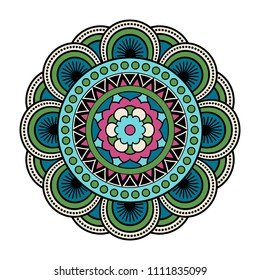 Vector mandala isolated on white background. Card with ornament in blue, green and black colors. Oriental pattern, vintage decorative element for design