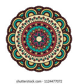 Vector mandala isolated on white background. Card with ornament in blue, red, brown colors. Oriental pattern, vintage decorative element for design
