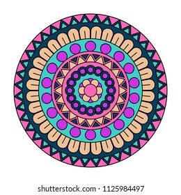 Vector mandala isolated on white background. Card with ornament in blue and rose colors. Oriental pattern, vintage decorative element for design