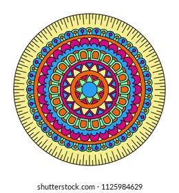 Vector mandala isolated on white background. Card with ornament in blue, red and yellow colors. Oriental pattern, vintage decorative element for design