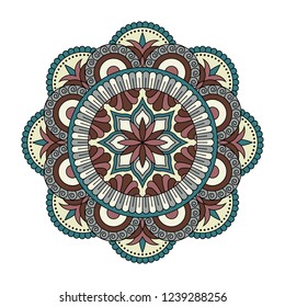Vector mandala isolated on white background. Card with ornament in blue and brown colors. Oriental pattern, vintage decorative element for design
