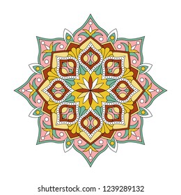 Vector mandala isolated on white background. Card with ornament in blue and rose colors. Oriental pattern, vintage decorative element for design