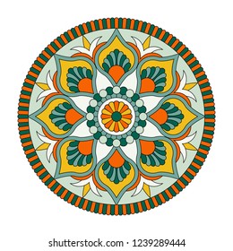Vector mandala isolated on white background. Card with ornament in green, red and yellow colors. Oriental pattern, vintage decorative element for design