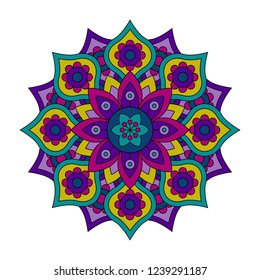 Vector mandala isolated on white background. Card with ornament in  violet, yellow and green  colors. Oriental pattern, vintage decorative element for design