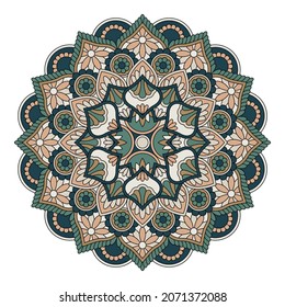 Mandala vectorial aislada en fondo blanco. Tarjeta con adorno en tonos beige y verde. Patrón oriental, elemento decorativo vintage para el diseño