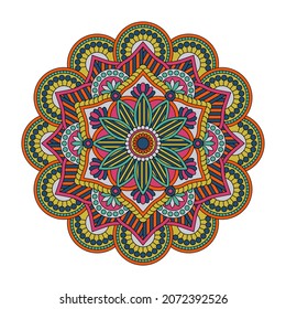 Vector mandala isolated on white background. Card with ornament in yellow, blue and orange colors. Oriental pattern, vintage decorative element for design