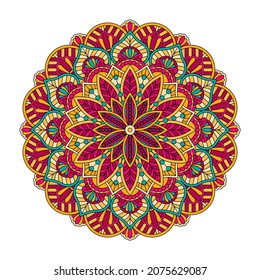 Vector mandala isolated on white background. Card with ornament in pink and blue colors. Oriental pattern, vintage decorative element for design