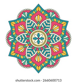 Vector mandala isolated on white background. Ornament card with mandala on yellow, red and green colors. Oriental pattern, vintage decorative element for design