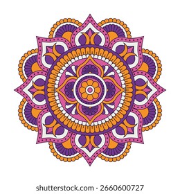Vector mandala isolated on white background. Ornament card with mandala on violet, orange and pink colors. Oriental pattern, vintage decorative element for design