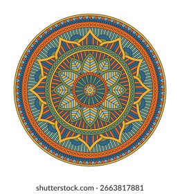 Vector mandala aislado sobre fondo blanco. Tarjeta de adorno con mandala en colores naranja y azul. Patrón oriental, elemento decorativo vintage para el diseño