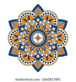 Vector mandala aislado sobre fondo blanco. Tarjeta de adorno con mandala en colores amarillo y azul. Patrón oriental, elemento decorativo vintage para el diseño