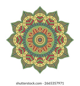 Mandala vetorial isolada sobre fundo branco. Cartão de ornamento com mandala nas cores verde e amarelo. Padrão oriental, vintage elemento decorativo para design
