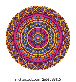 Vector mandala isolated on white background. Ornament card with mandala on yellow, red and blue colors. Oriental pattern, vintage decorative element for design