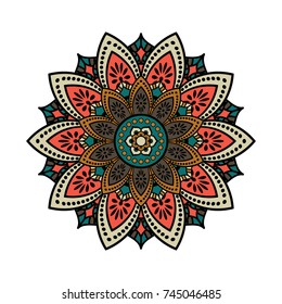 Vector mandala isolated on white background. Ornament card with mandala on blue, red, brown and black colors. Oriental pattern, vintage decorative element