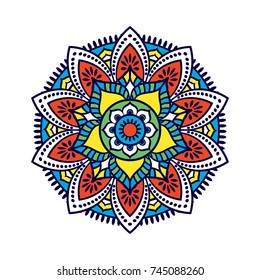 Vector mandala isolated on white background. Ornament card with mandala on blue, red, yellow and white colors. Oriental pattern, vintage decorative element
