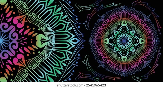Mandala vetorial em fundo preto. Flor Patten.Traditional Arabian, marroquino, e estilos turcos apresentam desenhos de mandala circular para tatuagens, decoração, e fundo floral abstrato mosaico.