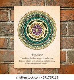 Vector Mandala on brick wall. Henna Paisley Mehndi Doodles Abstract Floral Vector Illustration Design Element. Round pattern, oriental style. Islam, Arabic, Indian, ottoman, ethnic motifs.