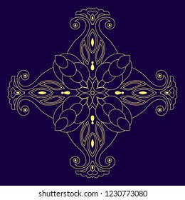 Vector Mandala ornament,  emblem element for design. Gold ethnic pattern isolated on dark-blue background. Hand drawn. Vector illustration.


