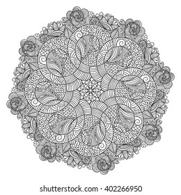 Vector mandala ornament. Round floral pattern. Hand drawn decorative element.