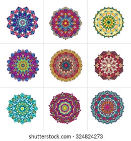 Vector mandala ornaments set. Round floral patterns collection. Hand drawn decorative element.