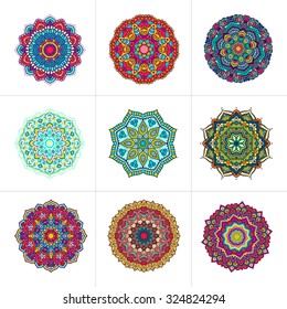 Vector mandala ornaments set. Round floral patterns collection. Hand drawn decorative element.