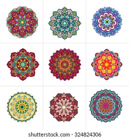 Vector mandala ornaments set. Round floral patterns collection. Hand drawn decorative element.