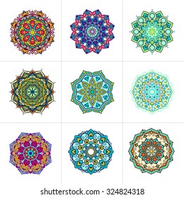 Vector mandala ornaments set. Round floral patterns collection. Hand drawn decorative element.