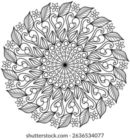 Vector Mandala Pattern with Bold Abstract Shapes,Line Art Mandala in Minimal Geometric Circle ,black and white