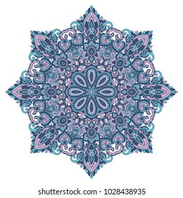Vector mandala pattern of henna floral elements based on traditional Asian ornaments. Paisley Mehndi Tattoo Doodle illustration in blue colors
