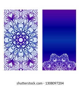 Vector Mandala Pattern. Two Template For Flyer Or Invitation Card Design. For Banners, Greeting Cards, Gifts Tags. Blue silver purple color.