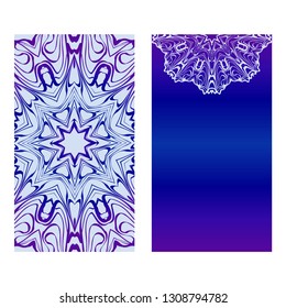 Vector Mandala Pattern. Two Template For Flyer Or Invitation Card Design. For Banners, Greeting Cards, Gifts Tags. Blue silver purple color.