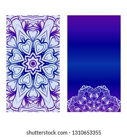 Vector Mandala Pattern. Two Template For Flyer Or Invitation Card Design. For Banners, Greeting Cards, Gifts Tags. Blue silver purple color.