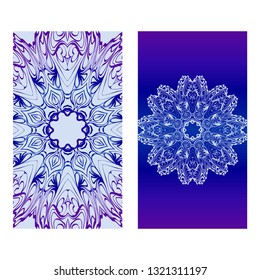 Vector Mandala Pattern. Two Template For Flyer Or Invitation Card Design. For Banners, Greeting Cards, Gifts Tags. Blue silver purple color.
