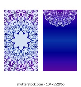 Vector Mandala Pattern. Two Template For Flyer Or Invitation Card Design. For Banners, Greeting Cards, Gifts Tags. Blue silver purple color.